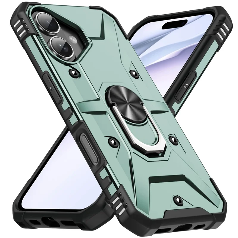 Bulk Purchasing For iPhone 16 Plus Case PC + TPU Anti-Drop Phone Cover with Ring Kickstand - Dark Green