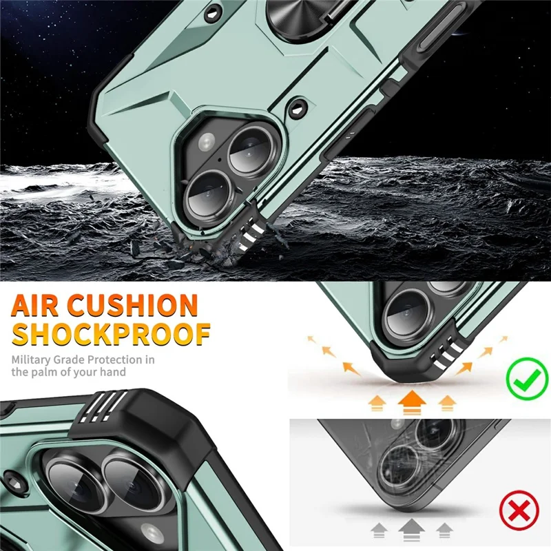 Bulk Purchasing For iPhone 16 Plus Case PC + TPU Anti-Drop Phone Cover with Ring Kickstand - Dark Green
