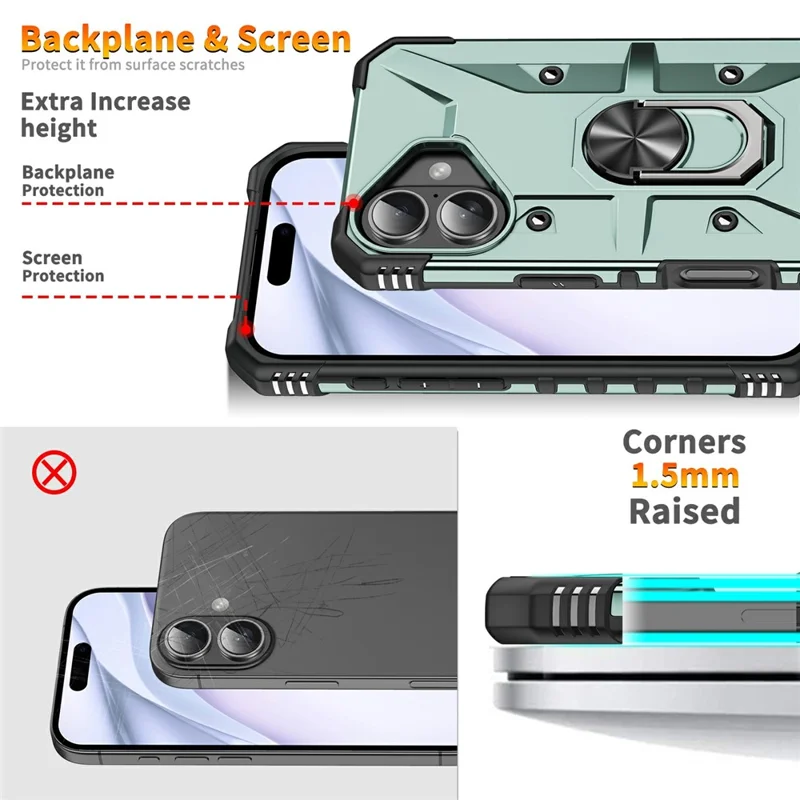 Bulk Purchasing For iPhone 16 Plus Case PC + TPU Anti-Drop Phone Cover with Ring Kickstand - Dark Green