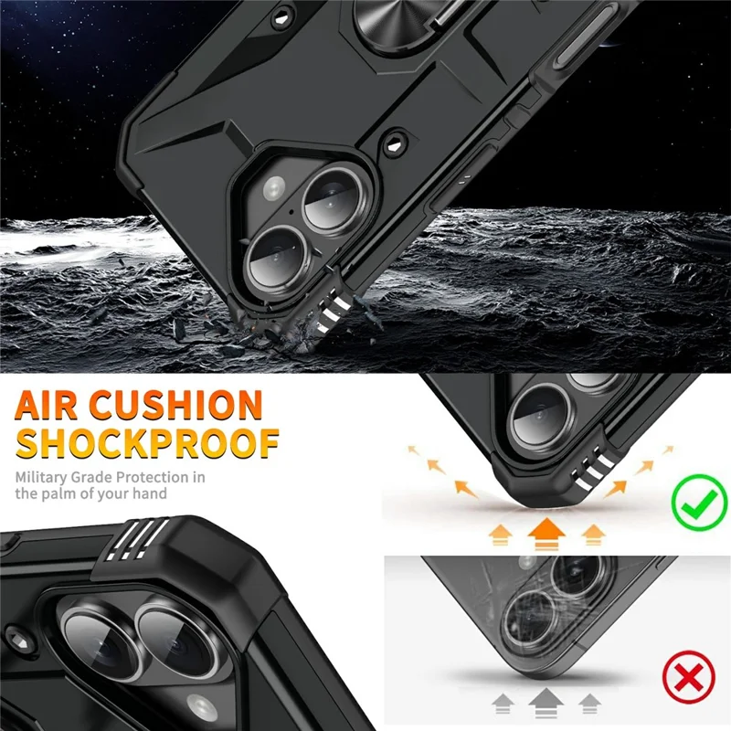 Bulk Purchasing For iPhone 16 Plus Case PC + TPU Anti-Drop Phone Cover with Ring Kickstand - Black