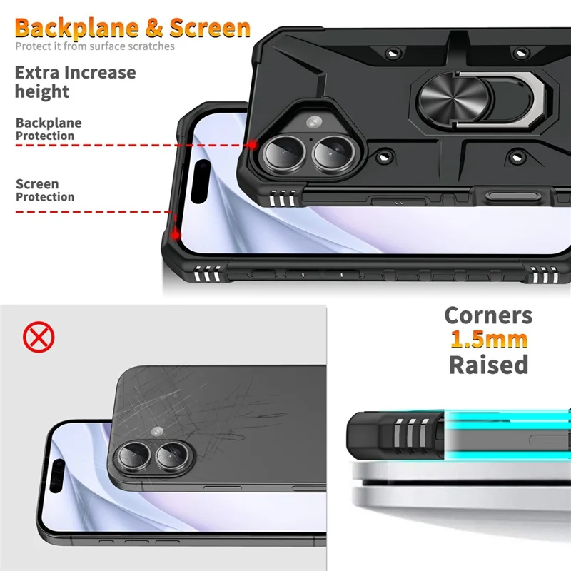 Bulk Purchasing For iPhone 16 Plus Case PC + TPU Anti-Drop Phone Cover with Ring Kickstand - Black