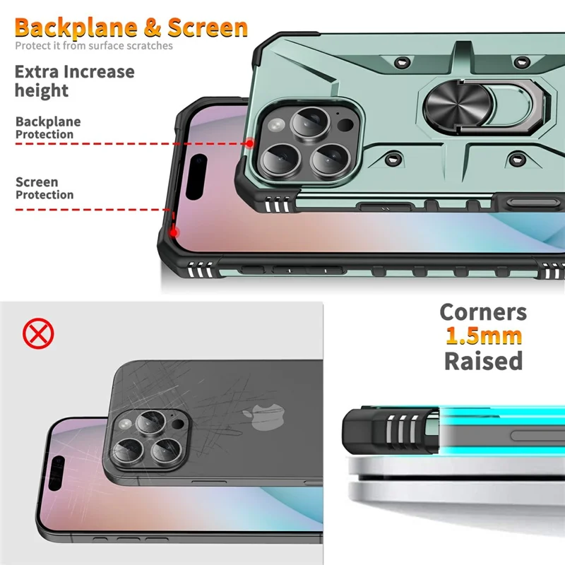 Bulk Purchasing For iPhone 16 Pro Max Case PC + TPU Anti-Drop Phone Cover with Ring Kickstand - Dark Green