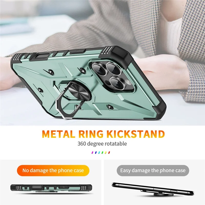 Bulk Purchasing For iPhone 16 Pro Max Case PC + TPU Anti-Drop Phone Cover with Ring Kickstand - Dark Green