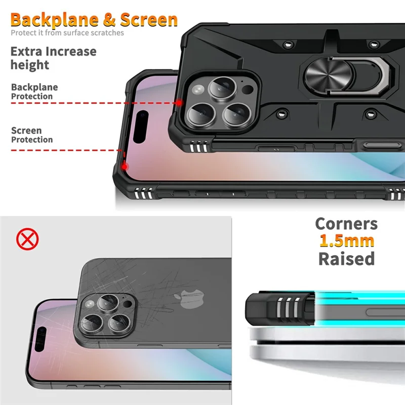 Bulk Purchasing For iPhone 16 Pro Max Case PC + TPU Anti-Drop Phone Cover with Ring Kickstand - Black