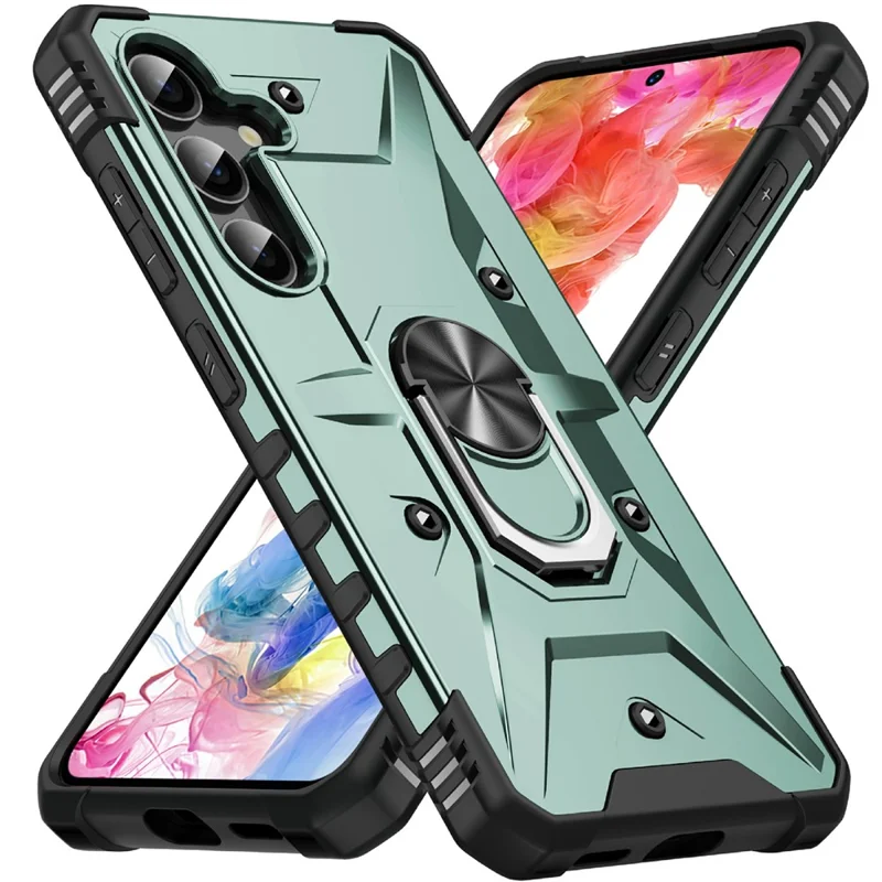 Bulk Purchasing For Samsung Galaxy S25 Case PC + TPU Anti-Drop Phone Cover with Ring Kickstand - Dark Green