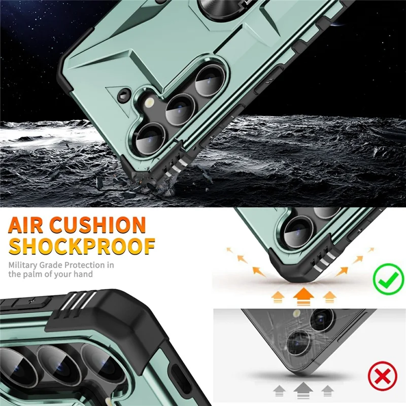 Bulk Purchasing For Samsung Galaxy S25 Case PC + TPU Anti-Drop Phone Cover with Ring Kickstand - Dark Green