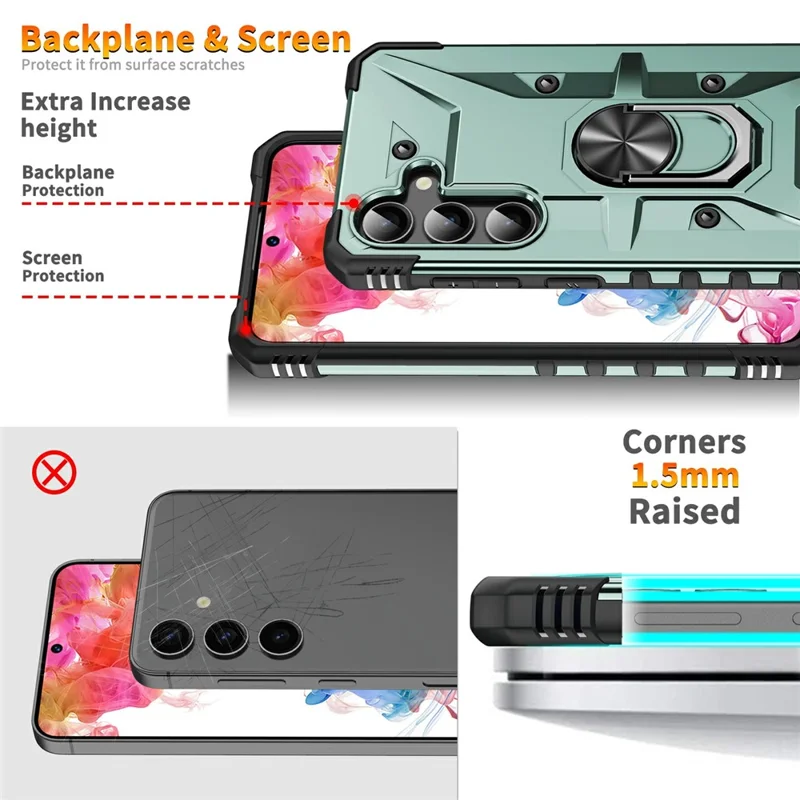 Bulk Purchasing For Samsung Galaxy S25 Case PC + TPU Anti-Drop Phone Cover with Ring Kickstand - Dark Green