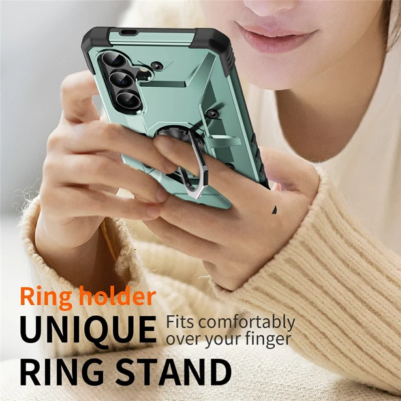 Bulk Purchasing For Samsung Galaxy S25 Case PC + TPU Anti-Drop Phone Cover with Ring Kickstand - Dark Green