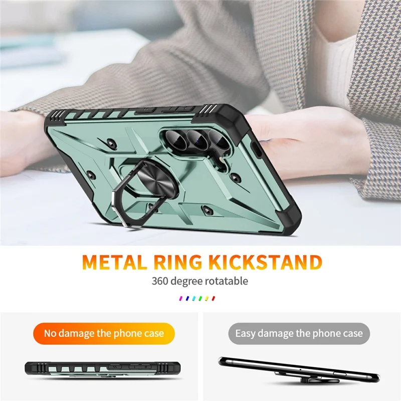 Bulk Purchasing For Samsung Galaxy S25 Case PC + TPU Anti-Drop Phone Cover with Ring Kickstand - Dark Green