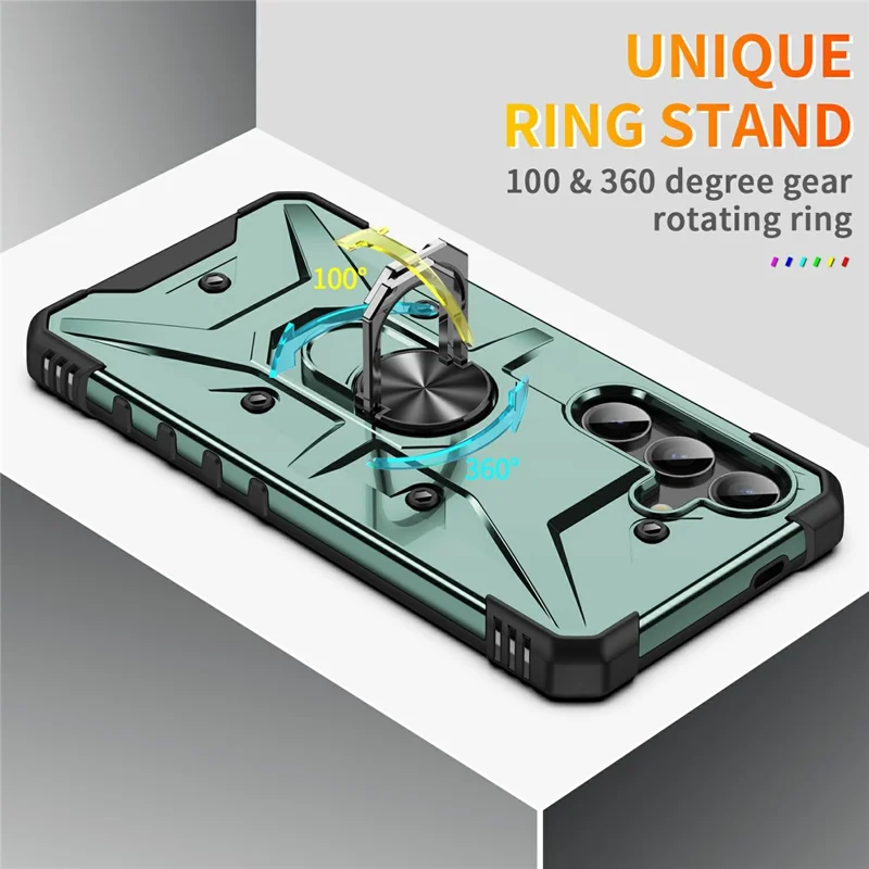 Bulk Purchasing For Samsung Galaxy S25 Case PC + TPU Anti-Drop Phone Cover with Ring Kickstand - Dark Green