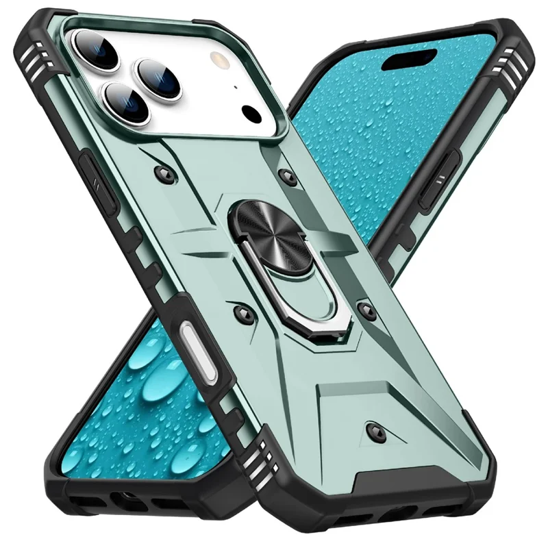 Bulk Purchasing For iPhone 17 Pro Max Case PC + TPU Anti-Drop Phone Cover with Ring Kickstand - Dark Green