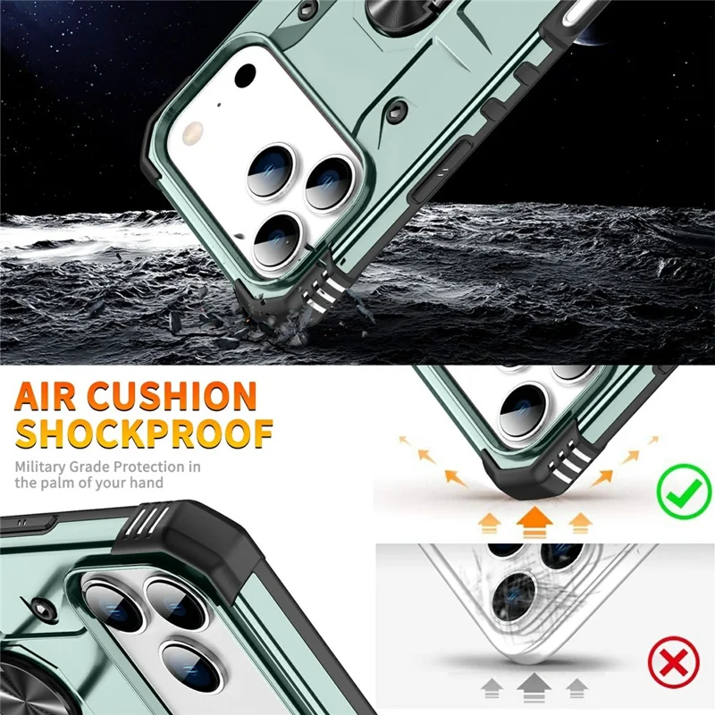 Bulk Purchasing For iPhone 17 Pro Max Case PC + TPU Anti-Drop Phone Cover with Ring Kickstand - Dark Green
