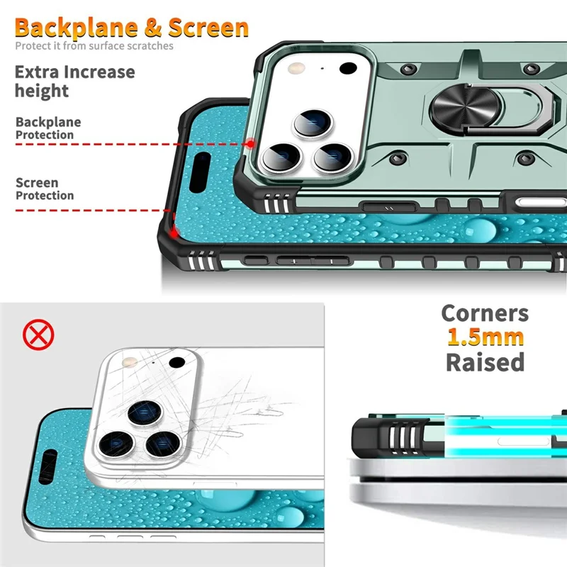 Bulk Purchasing For iPhone 17 Pro Max Case PC + TPU Anti-Drop Phone Cover with Ring Kickstand - Dark Green