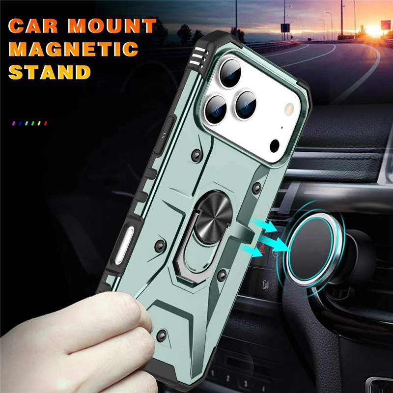 Bulk Purchasing For iPhone 17 Pro Max Case PC + TPU Anti-Drop Phone Cover with Ring Kickstand - Dark Green
