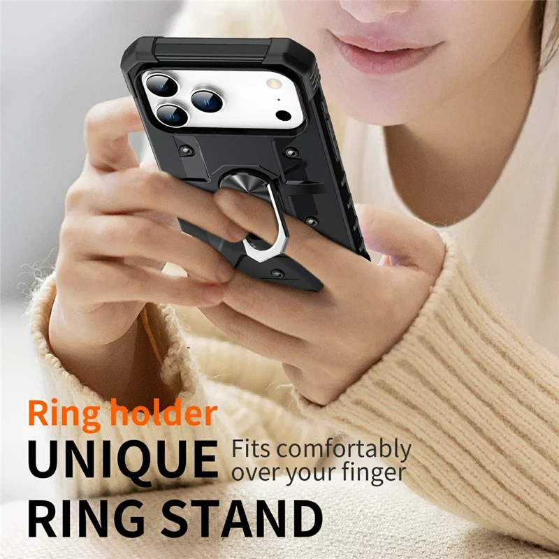 Bulk Purchasing For iPhone 17 Pro Max Case PC + TPU Anti-Drop Phone Cover with Ring Kickstand - Black