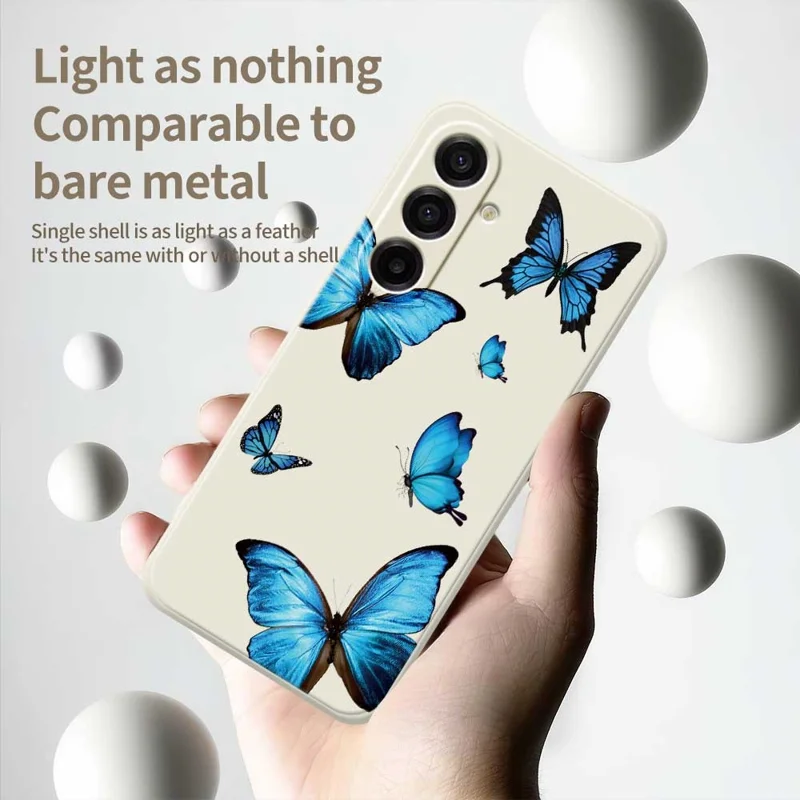 For Samsung Galaxy A17 5G / A17 4G Case Blue Butterflies Pattern Printing Straight Edge TPU Phone Back Cover - Beige