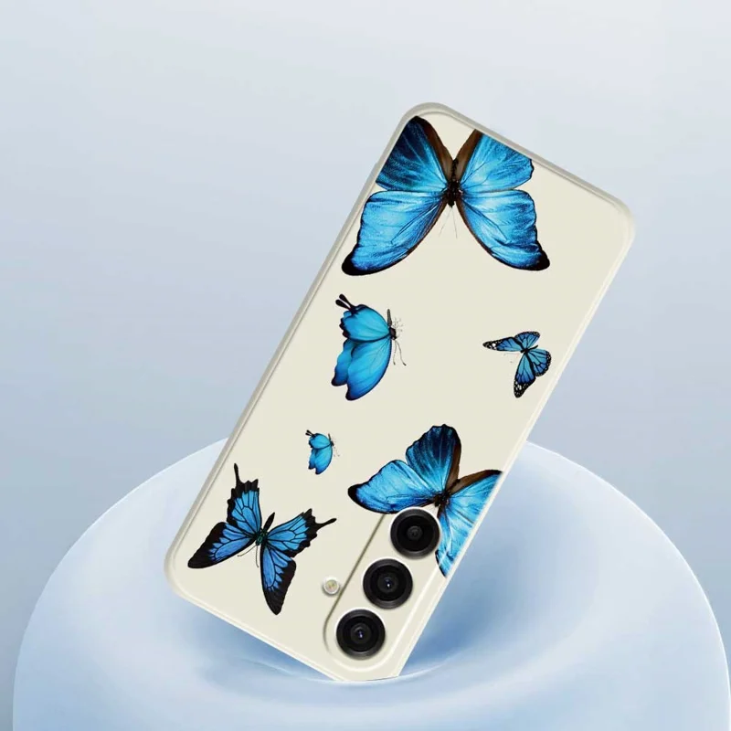 For Samsung Galaxy A17 5G / A17 4G Case Blue Butterflies Pattern Printing Straight Edge TPU Phone Back Cover - Beige