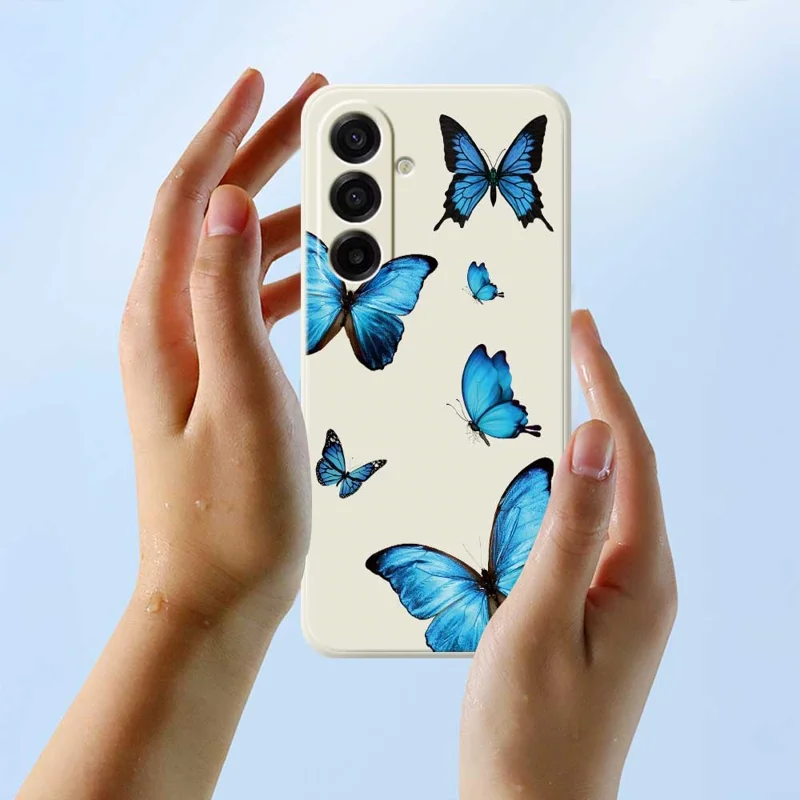 For Samsung Galaxy A17 5G / A17 4G Case Blue Butterflies Pattern Printing Straight Edge TPU Phone Back Cover - Beige