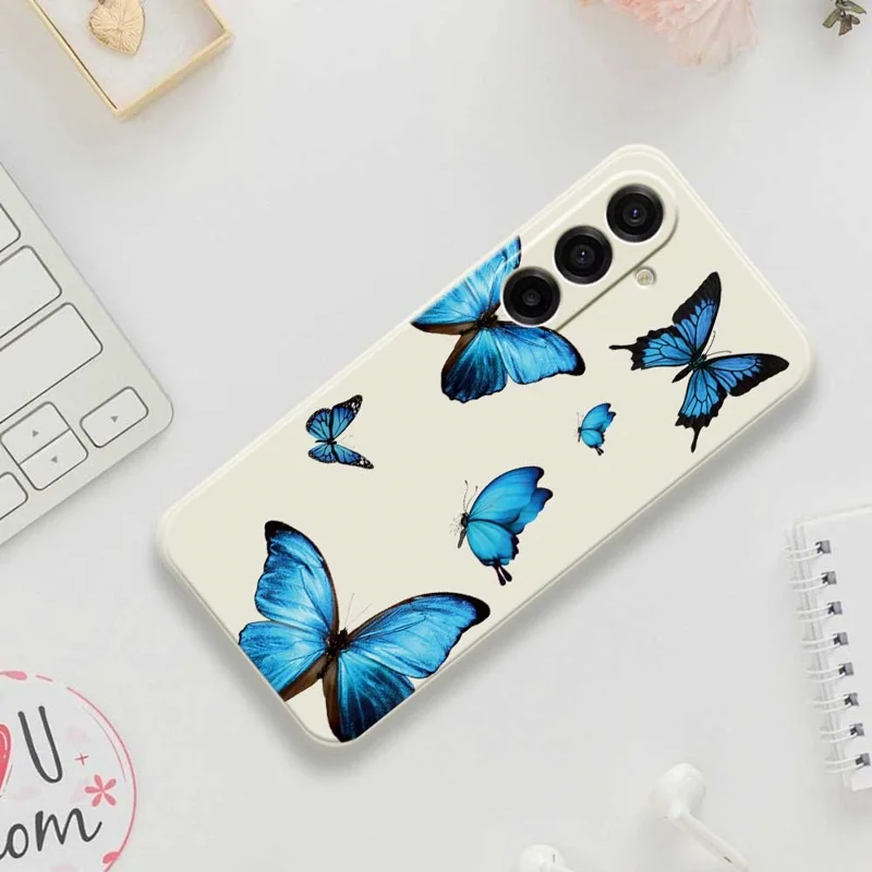 For Samsung Galaxy A17 5G / A17 4G Case Blue Butterflies Pattern Printing Straight Edge TPU Phone Back Cover - Beige