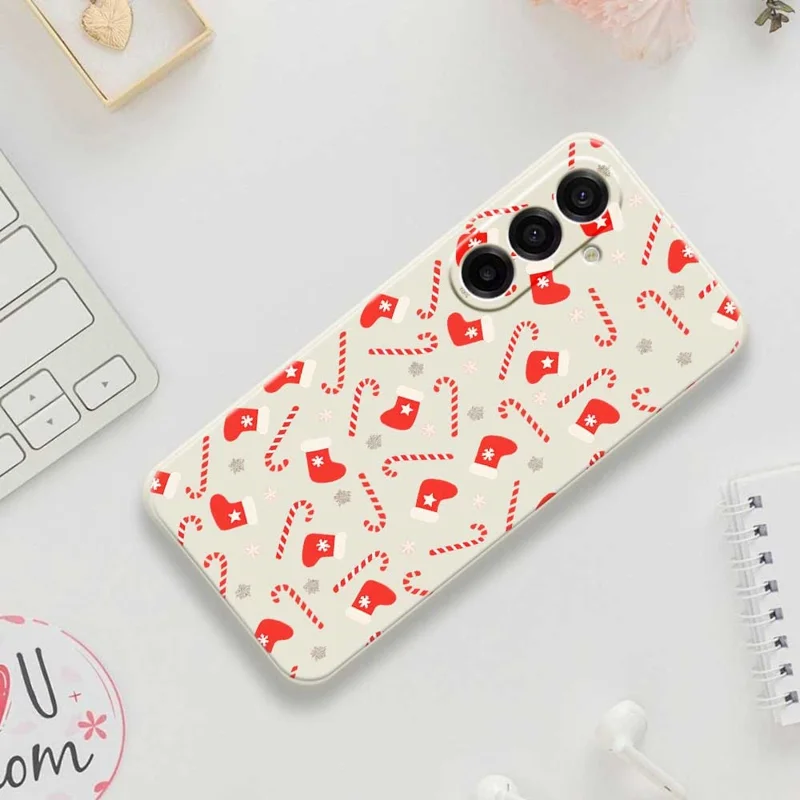 For Samsung Galaxy A17 5G / A17 4G Case Red Canes and Stockings Pattern Printing Straight Edge TPU Phone Back Cover - Beige