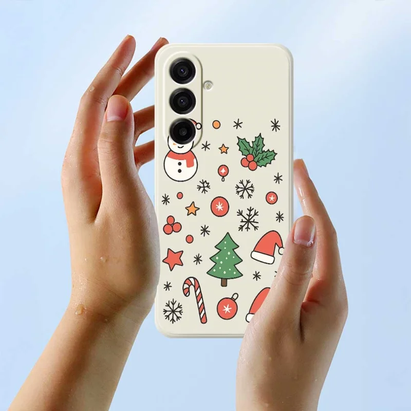 Voor Samsung Galaxy A17 5G / A17 4G hoesje met sneeuwman en kerstmanmuts patroon rechte rand TPU telefoon achterkant - Beige