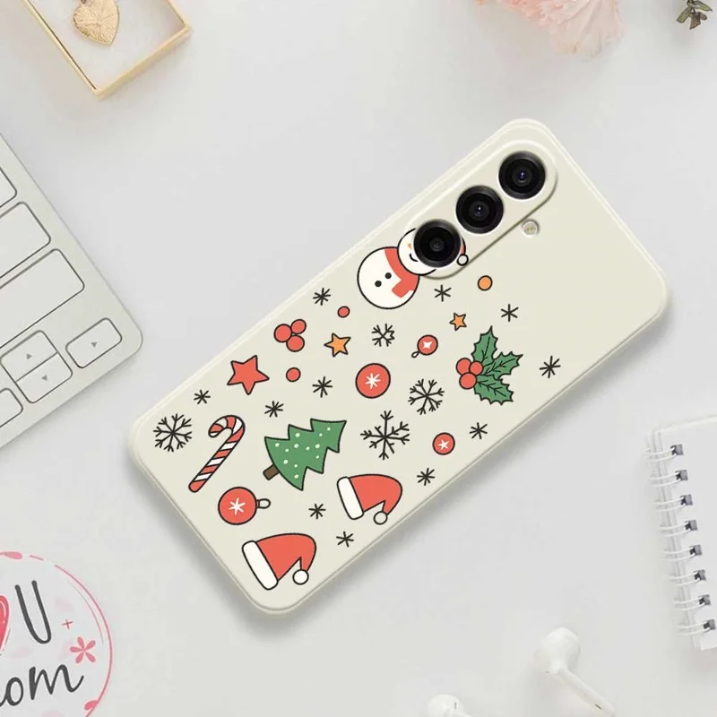 Voor Samsung Galaxy A17 5G / A17 4G hoesje met sneeuwman en kerstmanmuts patroon rechte rand TPU telefoon achterkant - Beige