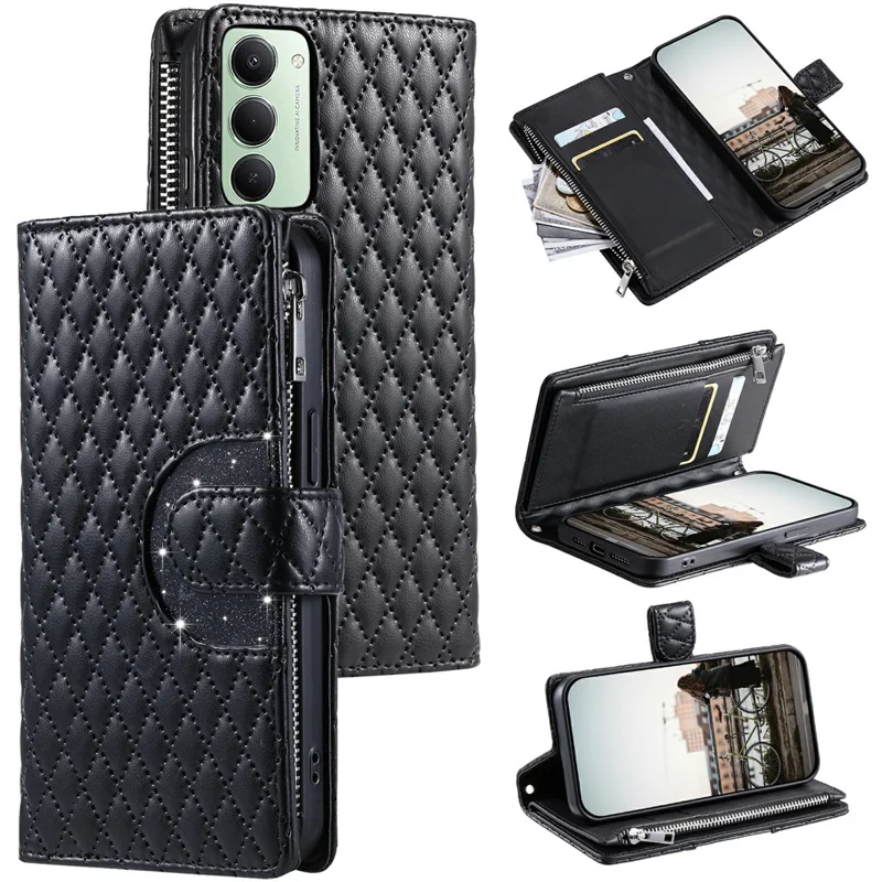 Für Xiaomi Redmi 15 5G (EU) (171 mm) / 4G (EU) (171 mm) Hülle Reißverschlusstaschen Glitzer-Leder-Handyhülle mit Handschlaufe - Schwarz