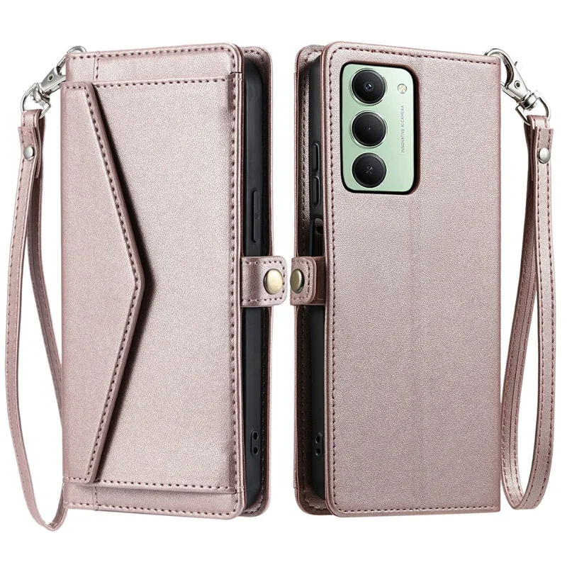 Capa de Couro com Alça de Pulso e Suporte para Xiaomi Redmi 15 5G (UE) (171mm) / 4G (UE) (171mm) - Rosa Dourado