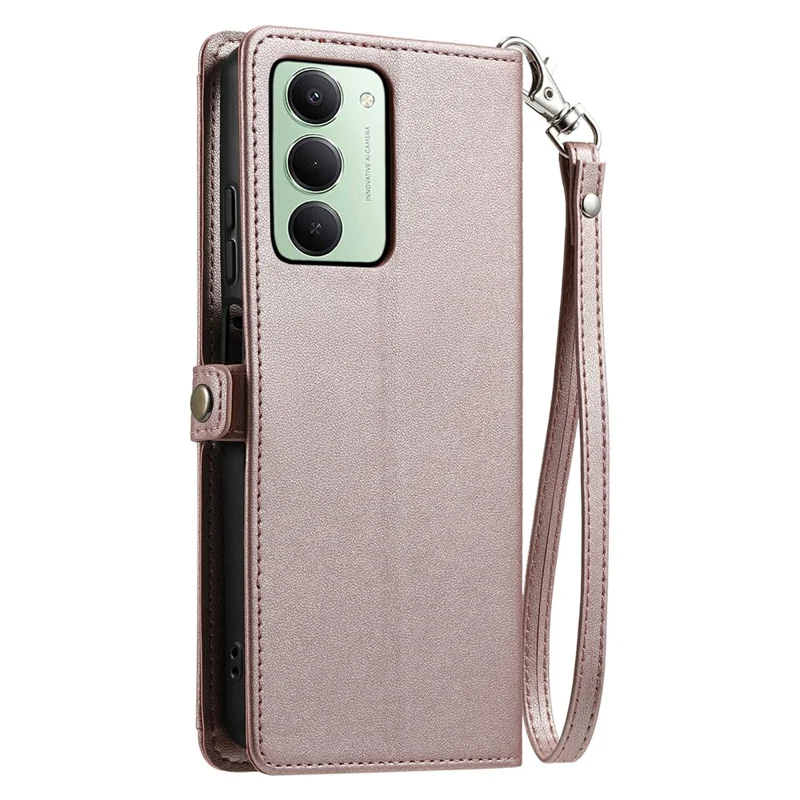 Capa de Couro com Alça de Pulso e Suporte para Xiaomi Redmi 15 5G (UE) (171mm) / 4G (UE) (171mm) - Rosa Dourado