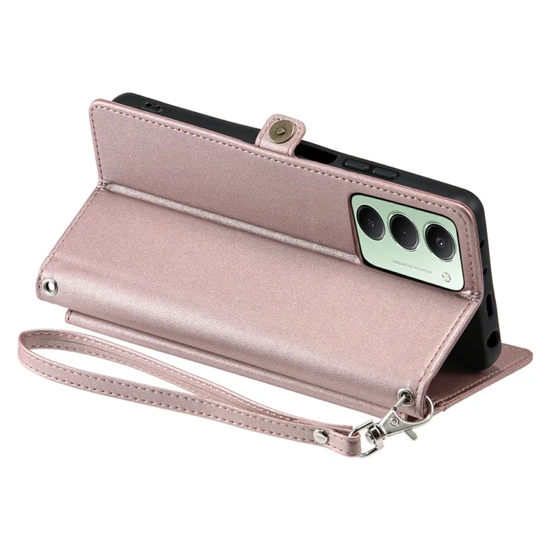 Capa de Couro com Alça de Pulso e Suporte para Xiaomi Redmi 15 5G (UE) (171mm) / 4G (UE) (171mm) - Rosa Dourado