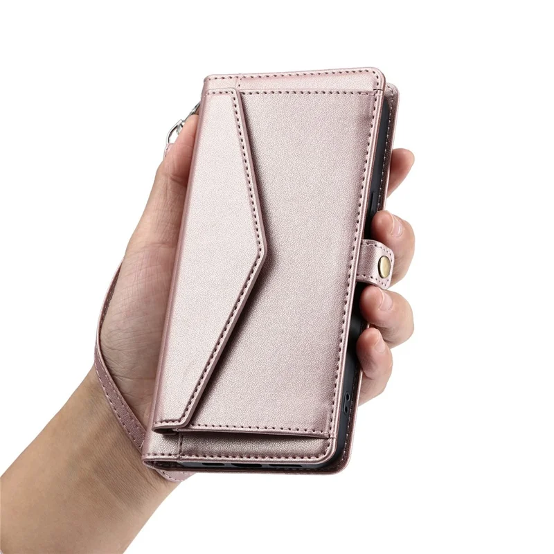 Capa de Couro com Alça de Pulso e Suporte para Xiaomi Redmi 15 5G (UE) (171mm) / 4G (UE) (171mm) - Rosa Dourado