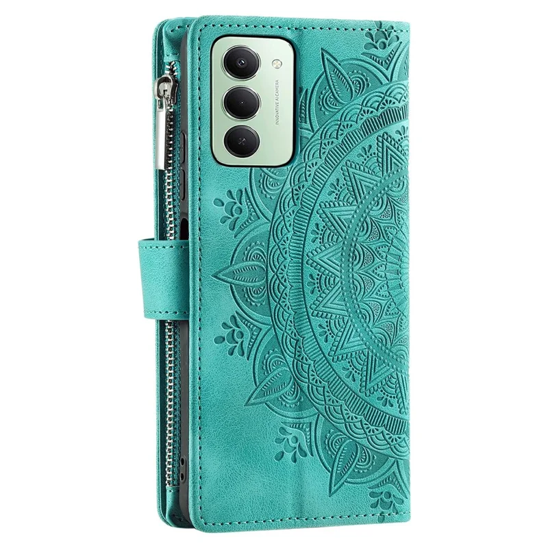 Чехол-бумажник для Xiaomi Redmi 15 5G (ЕС) (171 мм) / 4G (ЕС) (171 мм) с узором мандалы, кожаный чехол для телефона с ремешком на запястье - мятно-зеленый