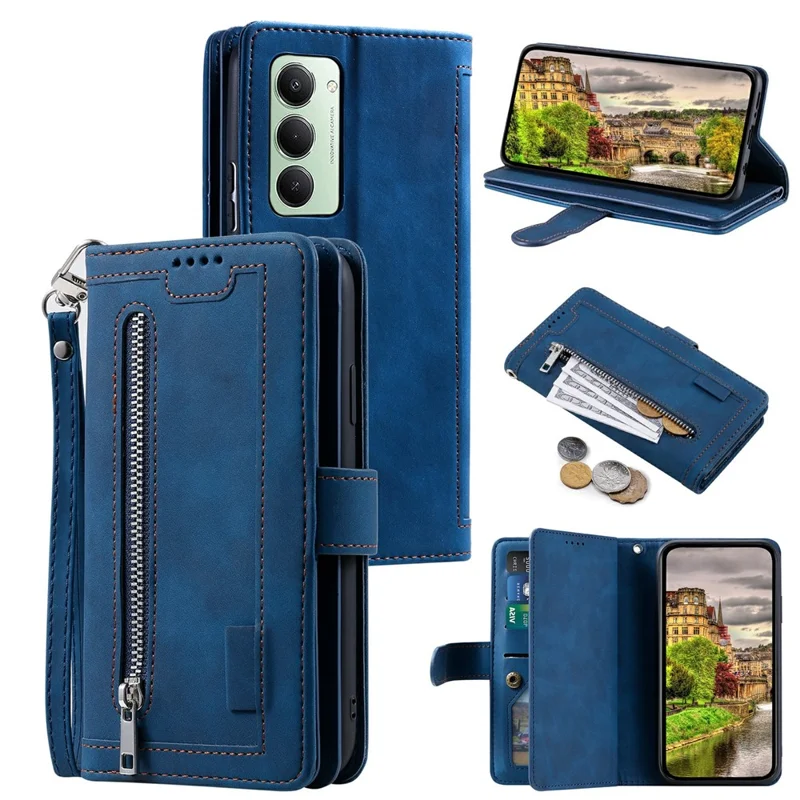 Für Xiaomi Redmi 15 5G (EU) (171mm) / 4G (EU) (171mm) Hülle 9 Kartenfächer Reißverschluss-Geldbörse PU-Leder Handyhülle mit Handgelenkriemen - Blau