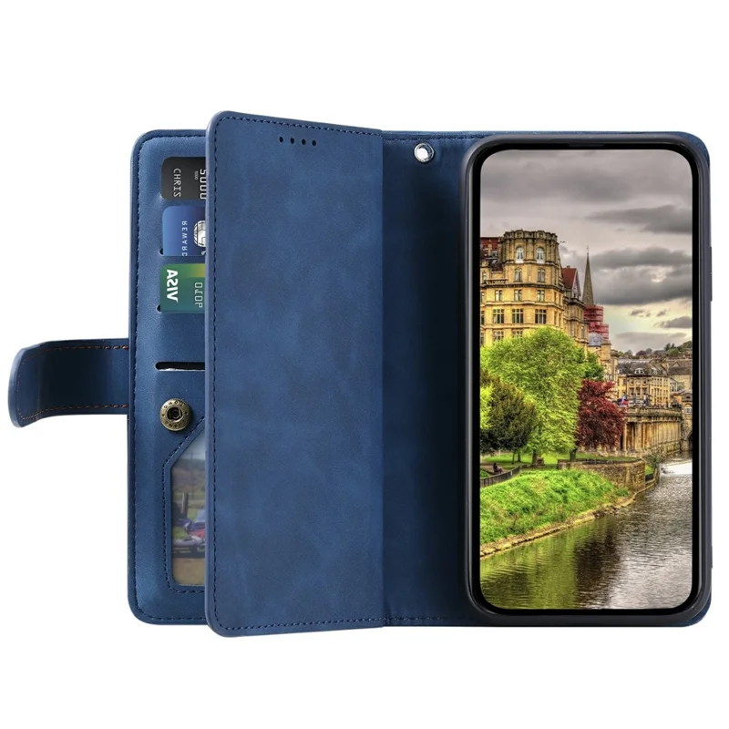 Für Xiaomi Redmi 15 5G (EU) (171mm) / 4G (EU) (171mm) Hülle 9 Kartenfächer Reißverschluss-Geldbörse PU-Leder Handyhülle mit Handgelenkriemen - Blau
