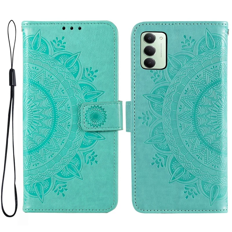 Чехол-книжка для Xiaomi Redmi 15 5G (ЕС) (171 мм) / 4G (ЕС) (171 мм) с тиснением тотема, кожаный бумажник, чехол для телефона с ремешком на запястье - мятно-зеленый