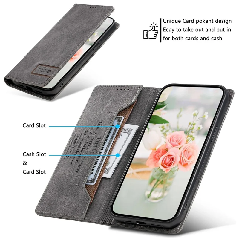Estojo de Couro com Bloqueio RFID, Suporte e Carteira para Xiaomi Redmi 15 5G (UE) (171mm) / 4G (UE) (171mm) - Cinza