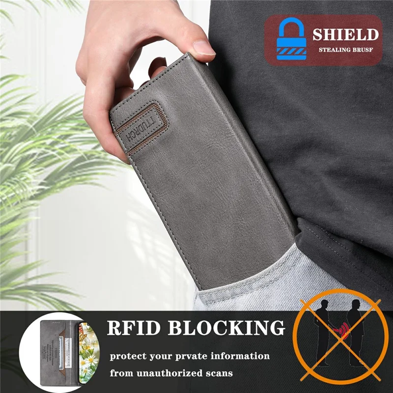 Estojo de Couro com Bloqueio RFID, Suporte e Carteira para Xiaomi Redmi 15 5G (UE) (171mm) / 4G (UE) (171mm) - Cinza