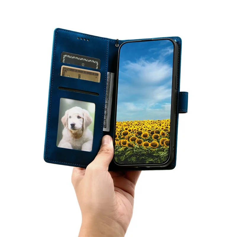 For Xiaomi Redmi 15 5G (EU) (171mm)  /  4G (EU) (171mm) Case Imprinted Totem Skin Feel Wallet Leather Phone Cover with Hand Strap - Blue