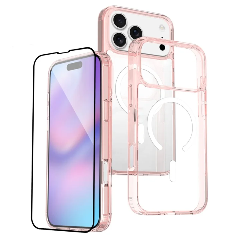 For iPhone 17 Pro Max Case Compatible with MagSafe PC + TPU Clear Phone Cover with Tempered Glass Screen Protector - Pink