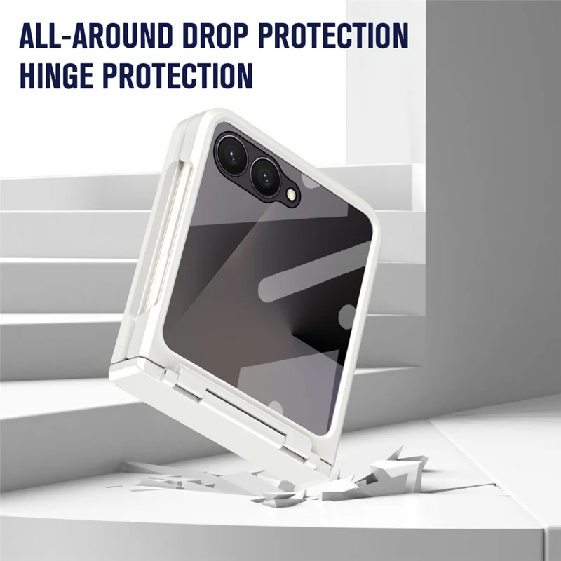 For Samsung Galaxy Z Flip7 5G Case Hard PC Phone Cover with Tempered Glass Rear Screen Protector - White