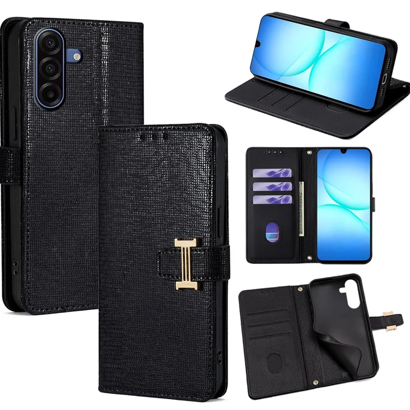 For Samsung Galaxy A17 5G / A17 4G Case Metal I-Buckle PU Leather Wallet Phone Cover - Black