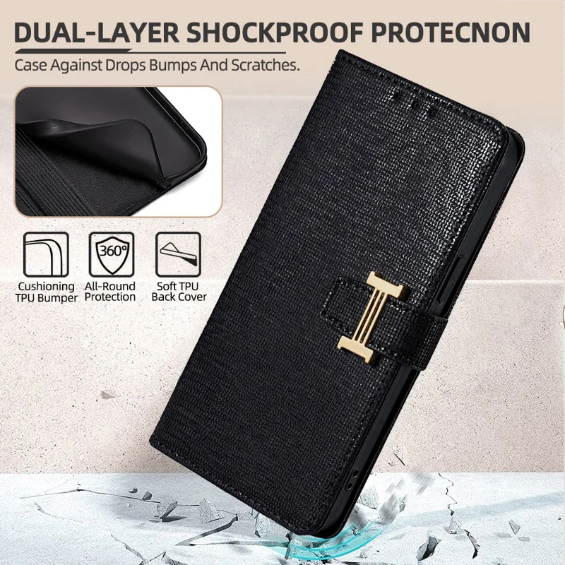 For Samsung Galaxy A17 5G / A17 4G Case Metal I-Buckle PU Leather Wallet Phone Cover - Black