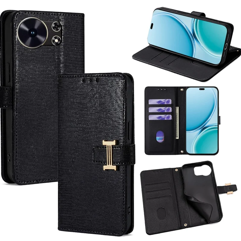 For Huawei Maimang 40 5G Case Metal I-Buckle PU Leather Wallet Phone Cover - Black