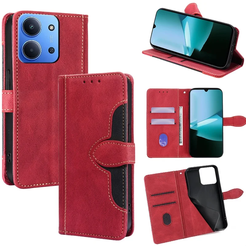 Étui en cuir pour Xiaomi Redmi 15C 4G (UE) (173 mm) / 15C 5G (UE) (173 mm) / Poco C85 4G (173 mm) Housse de téléphone portefeuille avec fermoir magnétique en chapeau de paille - Rouge