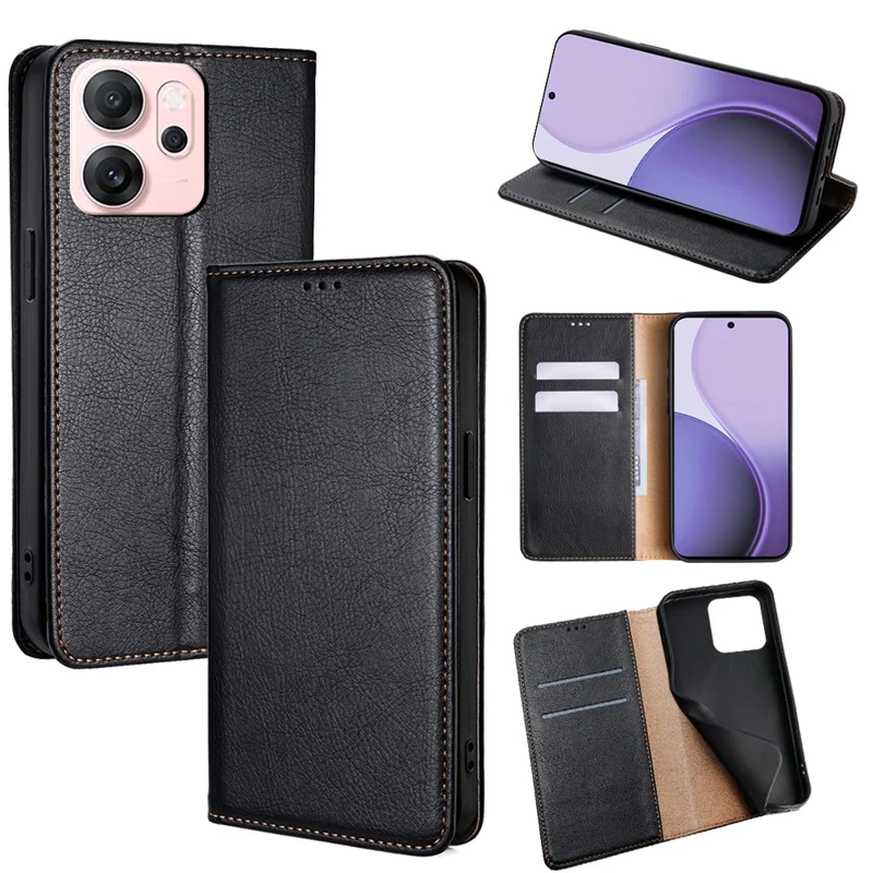 For Oppo Reno14 F 5G Case Wallet PU Leather Magnetic Auto-Absorbed Phone Cover - Black