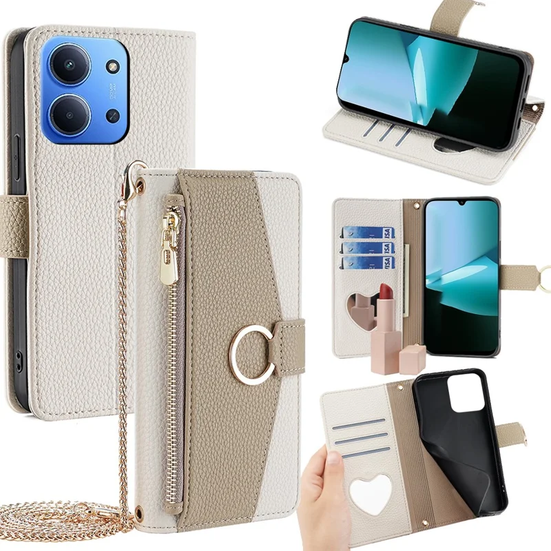 For Xiaomi Redmi 15C 4G (Global) (171mm) / Poco C85 4G (171mm) Case Mirror Wallet Leather Phone Cover with Chain Shoulder Strap - White