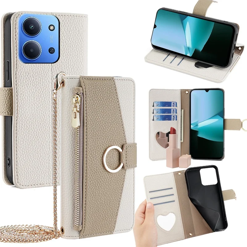Étui en cuir pour Xiaomi Redmi 15C 4G (UE) (173 mm) / 15C 5G (UE) (173 mm) / Poco C85 4G (173 mm) Étui portefeuille miroir avec chaîne bandoulière - Blanc