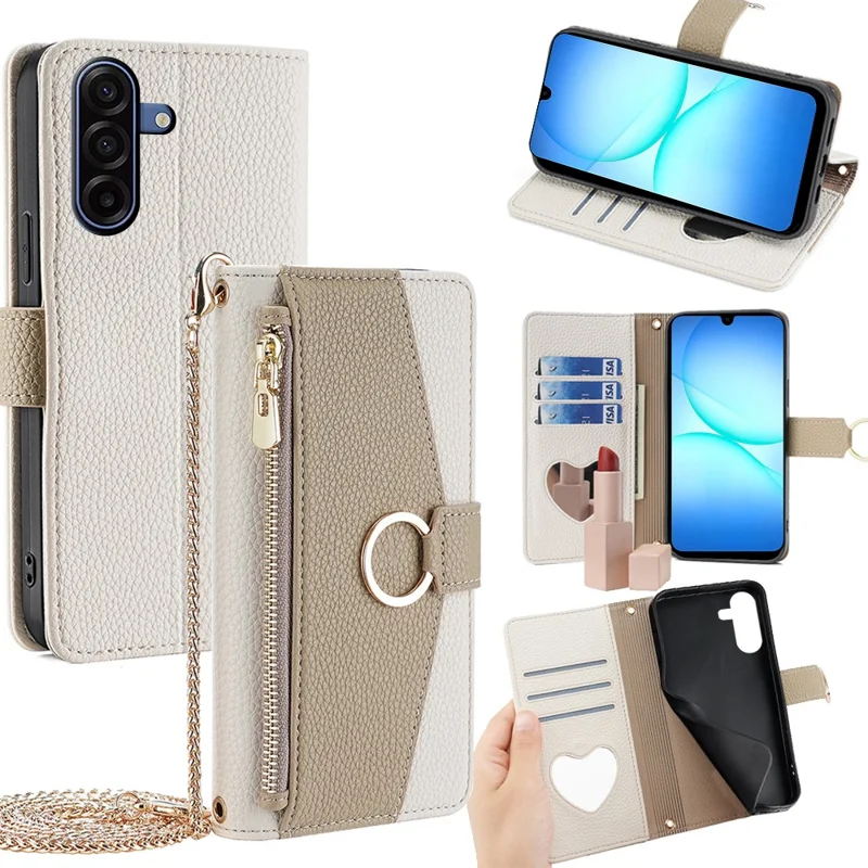 For Samsung Galaxy A17 5G Case Mirror Wallet Leather Phone Cover with Chain Shoulder Strap - White