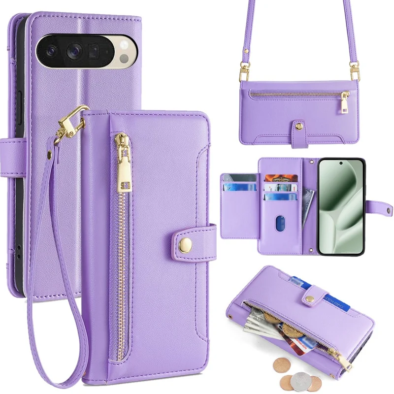 For Google Pixel 10 Leather Case Zipper Pocket Wallet Phone Cover with 2 Straps - Purple