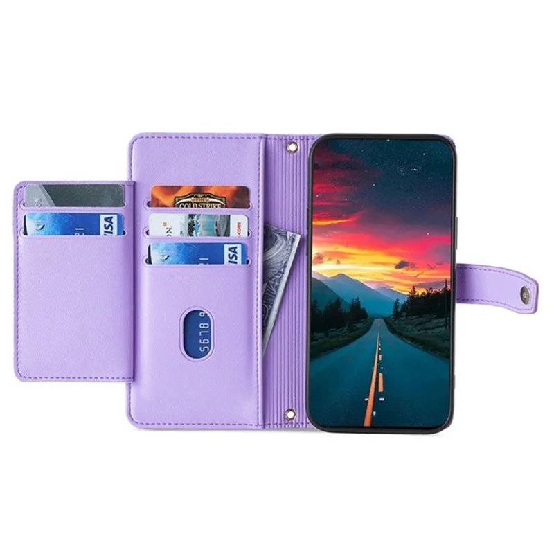 For Google Pixel 10 Leather Case Zipper Pocket Wallet Phone Cover with 2 Straps - Purple